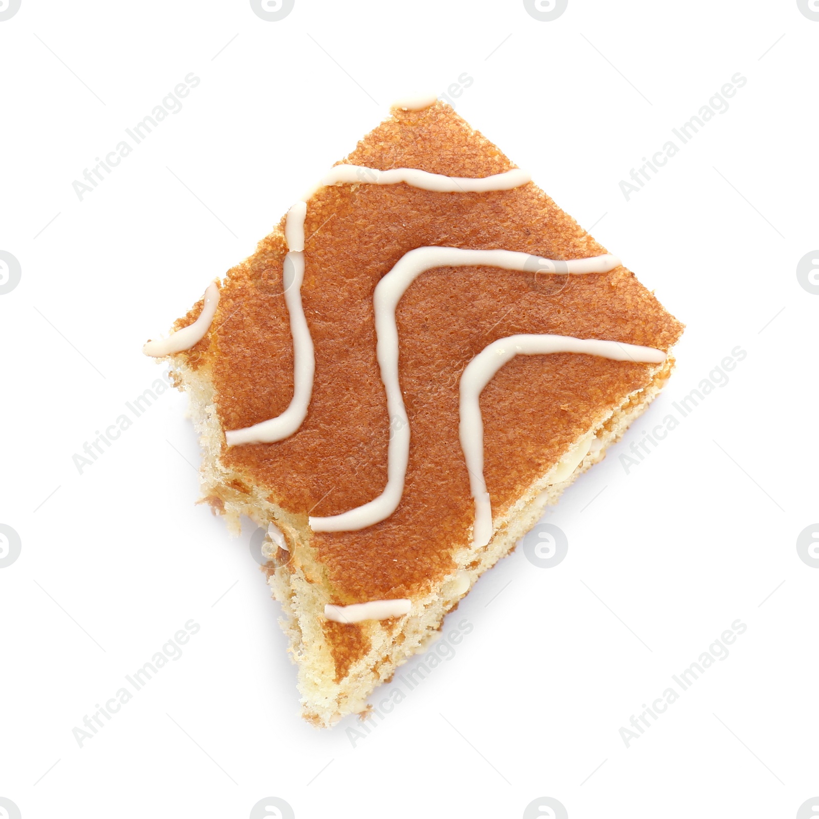 Photo of Bitten sponge cake isolated on white, top view