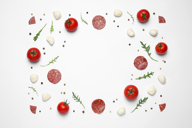 Photo of Composition with fresh ingredients and space for text on white background, top view. Pepperoni pizza recipe