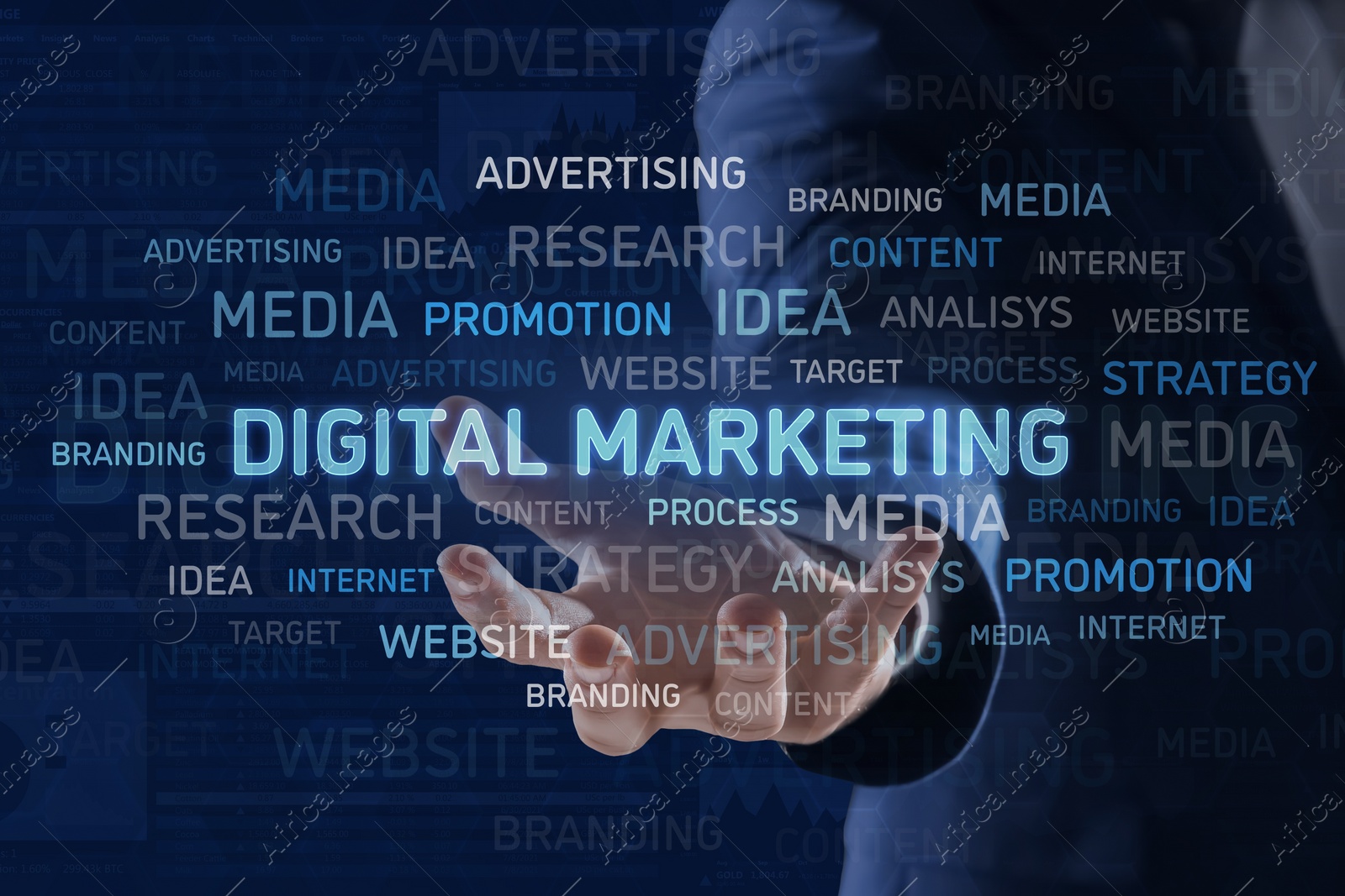 Image of Digital marketing. Businessman showing virtual word cloud on blue background, closeup