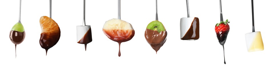 Image of Fondue forks with tasty fruits and marshmallows dipped into chocolate on white background, collage. Banner design