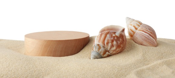 Photo of Presentation of product. Wooden podium on sand and seashells against white background. Space for text