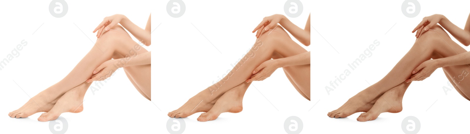 Image of Collage with photos of women with smooth silky skin after epilation, closeup view of legs. Banner design