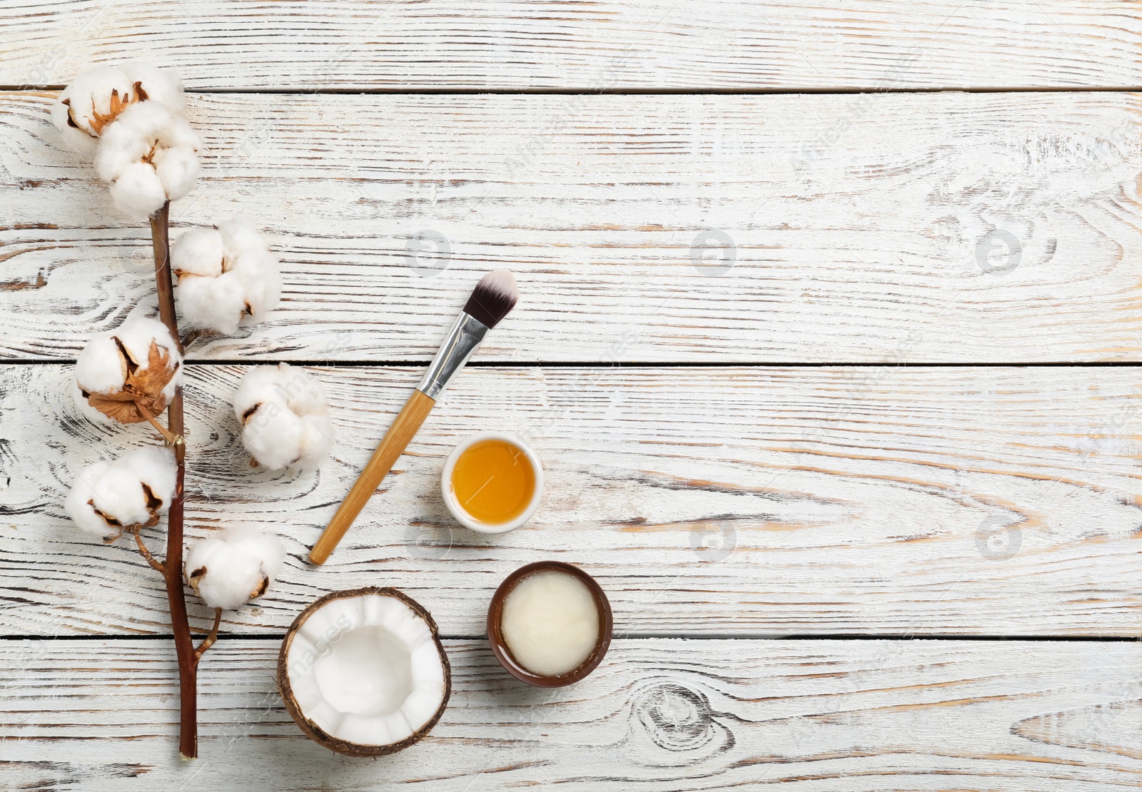 Photo of Fresh ingredients for homemade effective acne remedy on wooden background