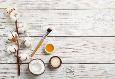 Fresh ingredients for homemade effective acne remedy on wooden background