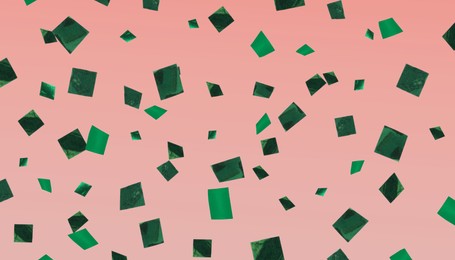 Image of Shiny green confetti falling on coral background. Banner design