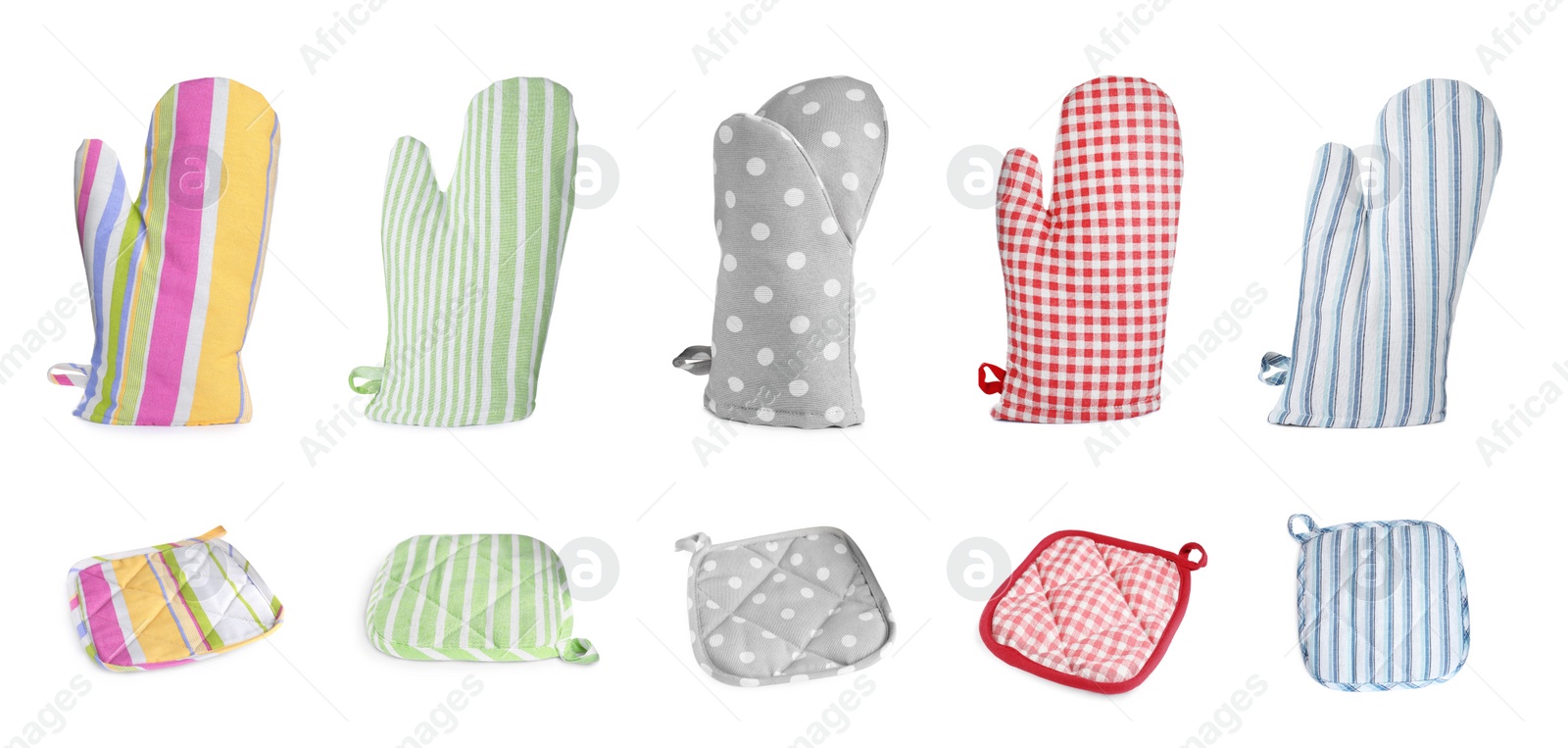 Image of Set with different oven gloves and potholders on white background. Banner design