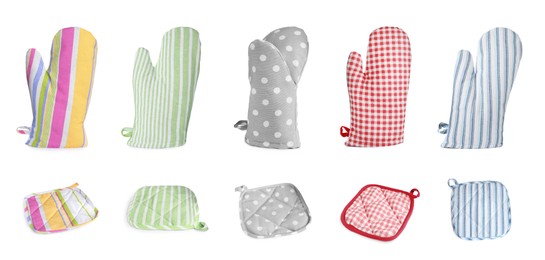 Image of Set with different oven gloves and potholders on white background. Banner design