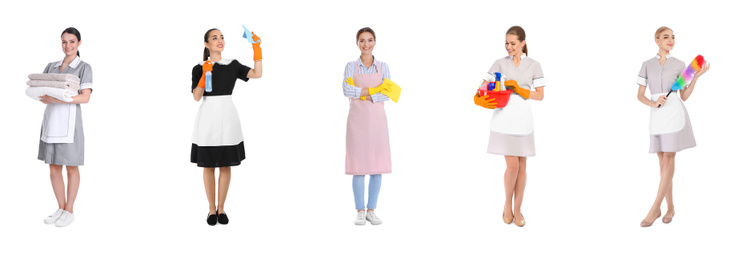 Collage with chambermaids on white background. Banner design