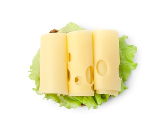Photo of Tasty sandwich with slices of fresh cheese and lettuce isolated on white, top view