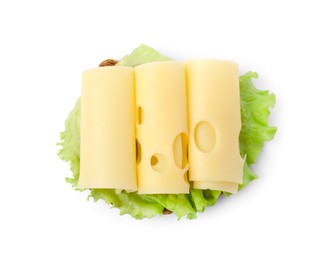 Tasty sandwich with slices of fresh cheese and lettuce isolated on white, top view