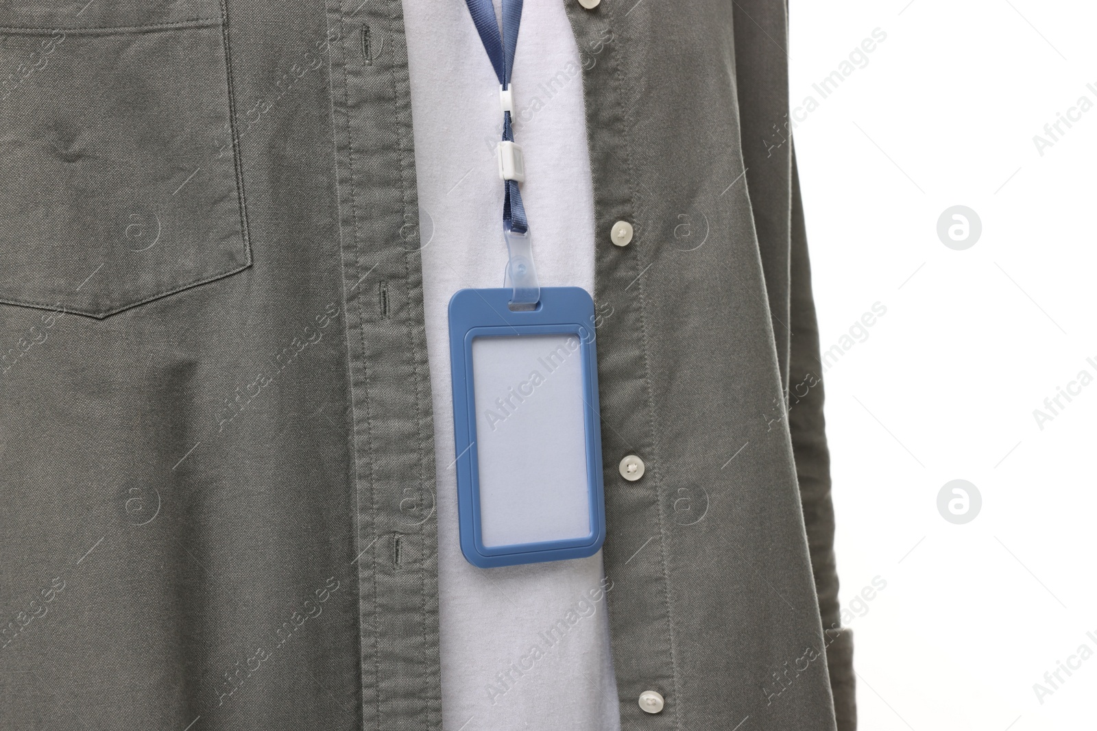 Photo of Man with empty badge on white background, closeup