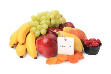 Card with word Fructose, delicious ripe fruits, raspberries and dried apricots isolated on white