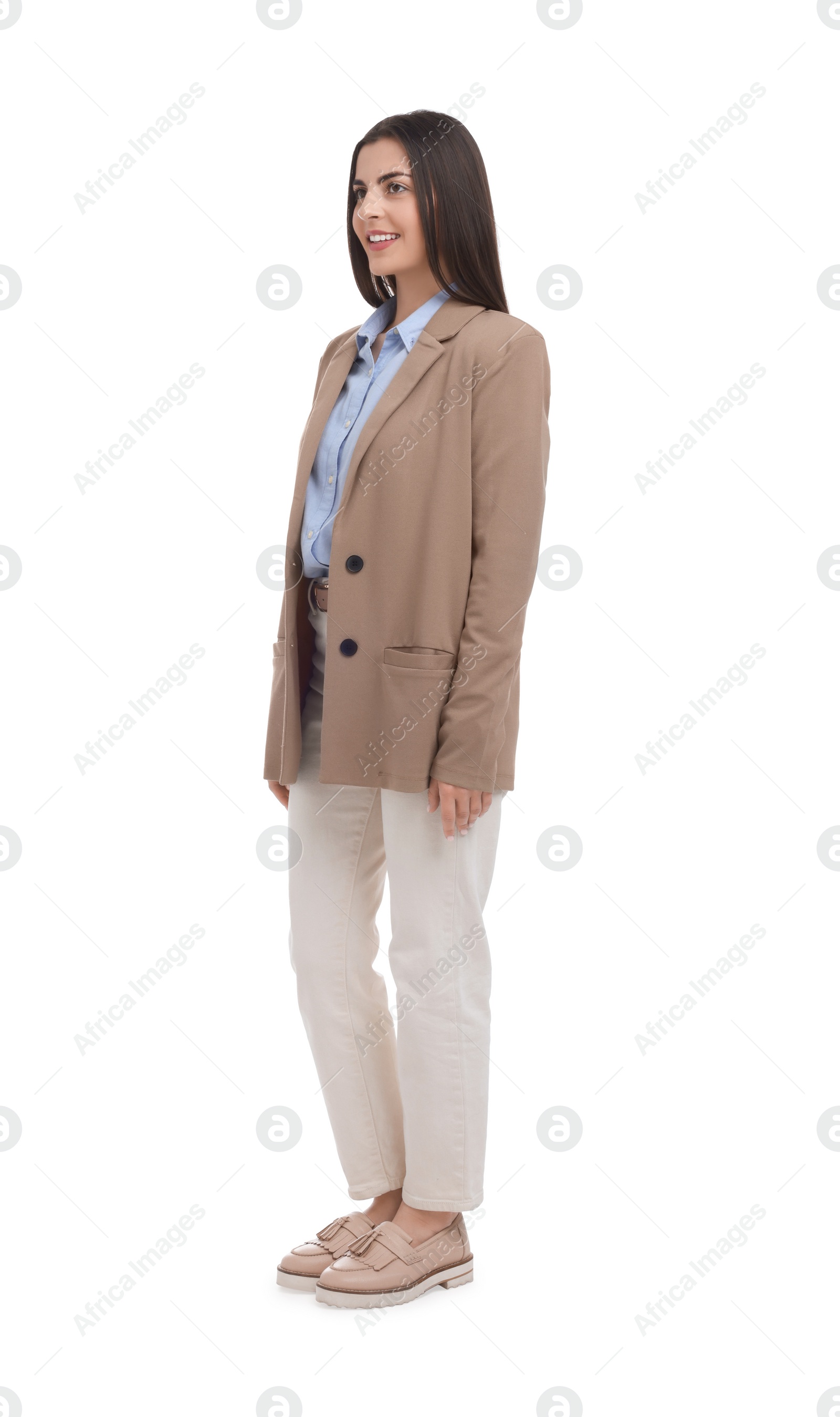 Photo of Beautiful happy businesswoman in suit on white background