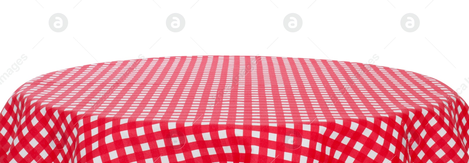 Photo of Table with checkered tablecloth isolated on white