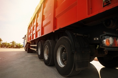 Modern truck parked on country road, closeup