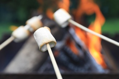 Photo of Delicious puffy marshmallows roasting over bonfire, closeup. Space for text