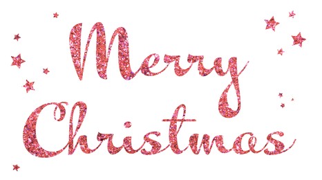 Glittery red text Merry Christmas and stars on white background