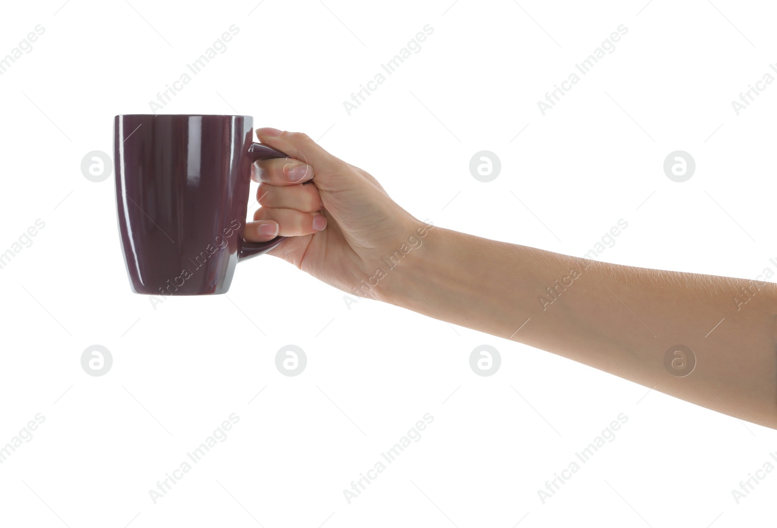 Photo of Woman holding elegant brown cup on white background, closeup