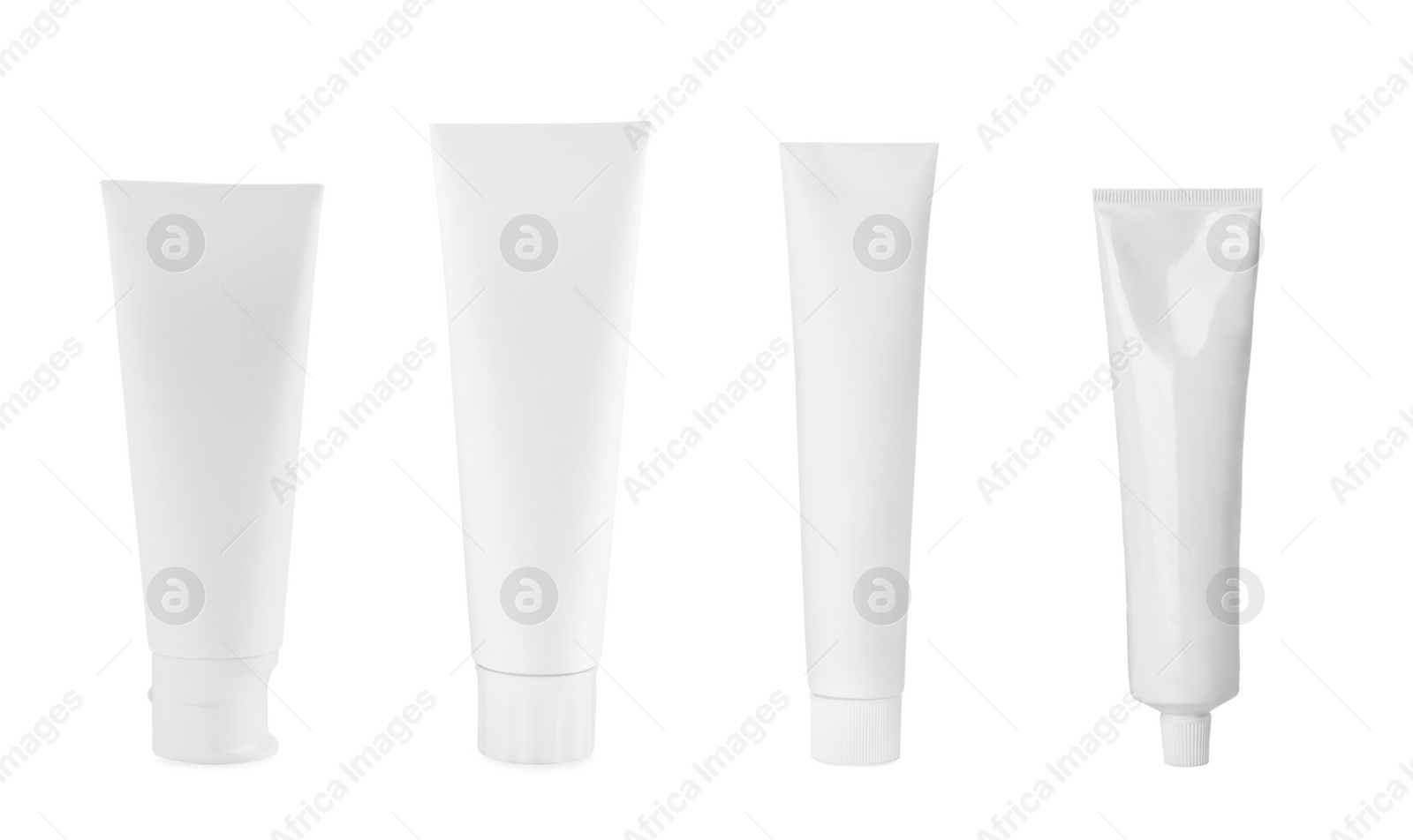 Image of Collage with different toothpastes on white background