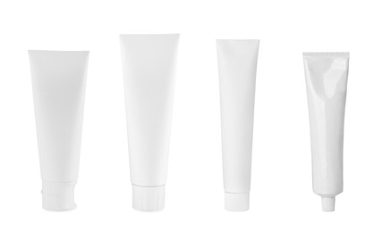 Image of Collage with different toothpastes on white background