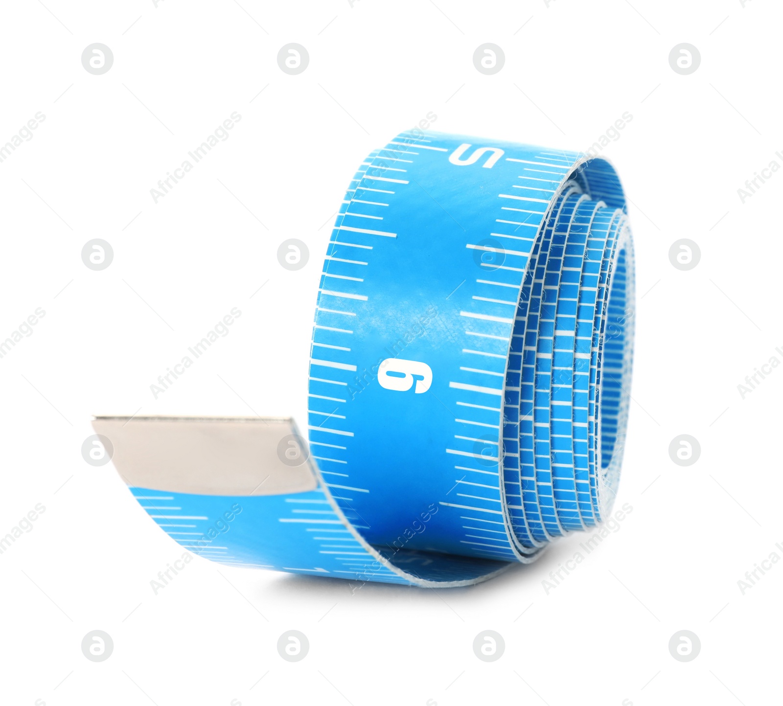 Photo of Long light blue measuring tape isolated on white