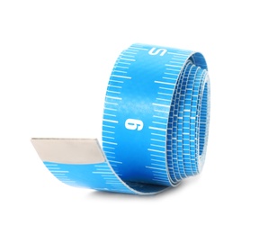 Photo of Long light blue measuring tape isolated on white