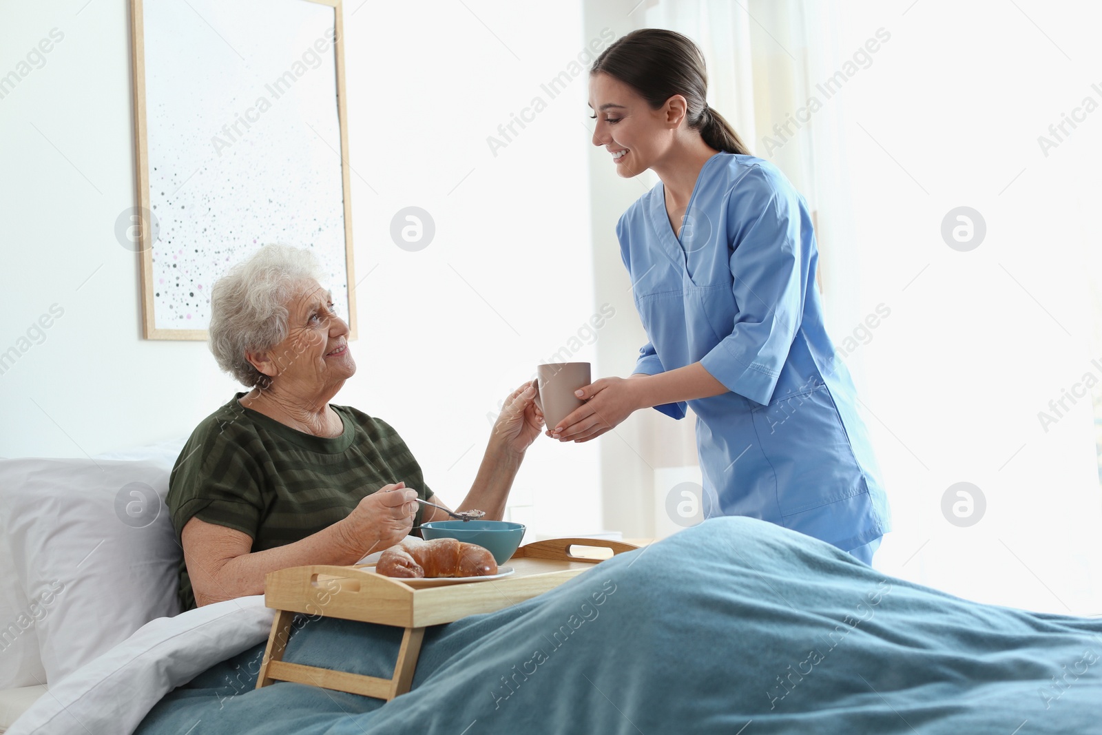 Photo of Care worker serving dinner for elderly woman in geriatric hospice