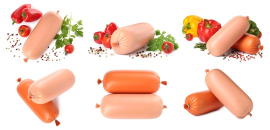 Set with tasty boiled sausages on white background. Banner design