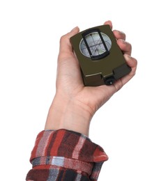 Photo of Woman holding compass on white background, closeup