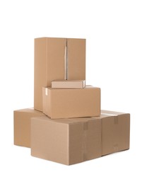 Photo of Pile of cardboard boxes on white background