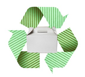 Image of Cardboard box and recycling symbol on white background