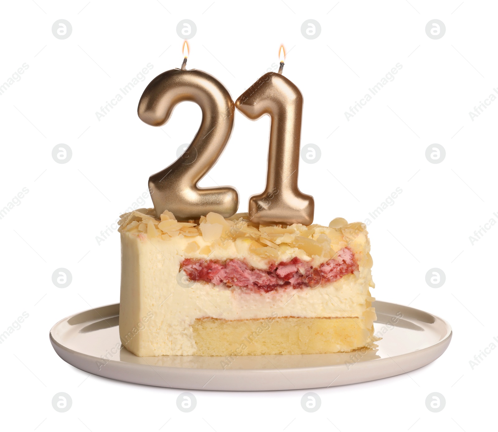 Photo of Coming of age party - 21st birthday. Delicious cake with number shaped candles on table against white background