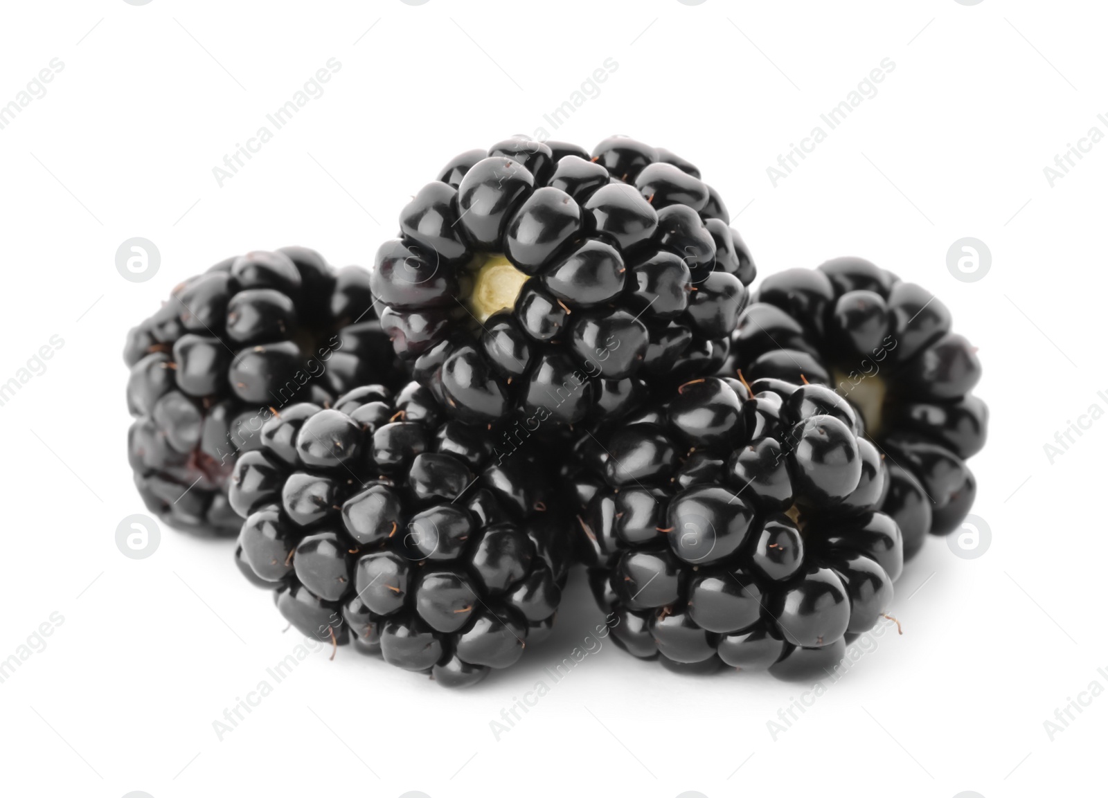 Photo of Many tasty ripe blackberries on white background