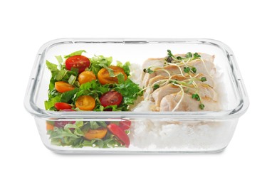 Photo of Healthy meal. Chicken breast, rice and salad in container isolated on white