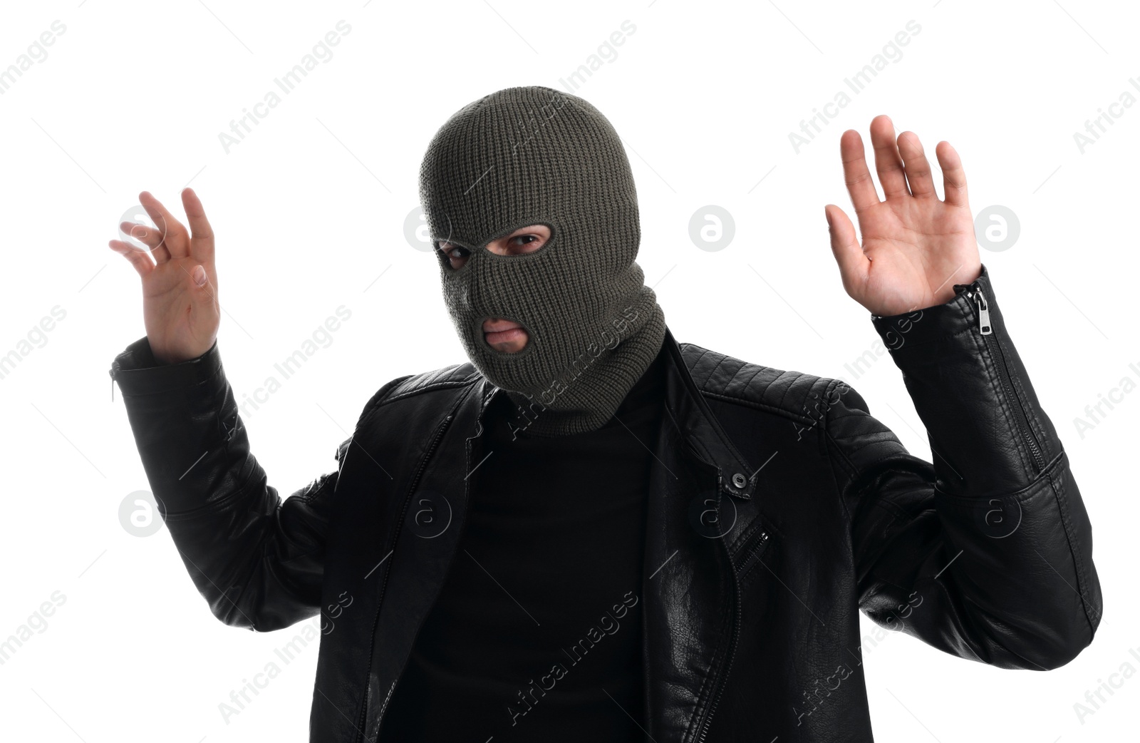 Photo of Man wearing knitted balaclava on white background