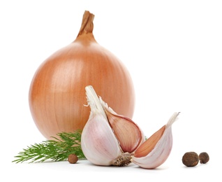 Photo of Garlic, onion, allspice and dill on white background