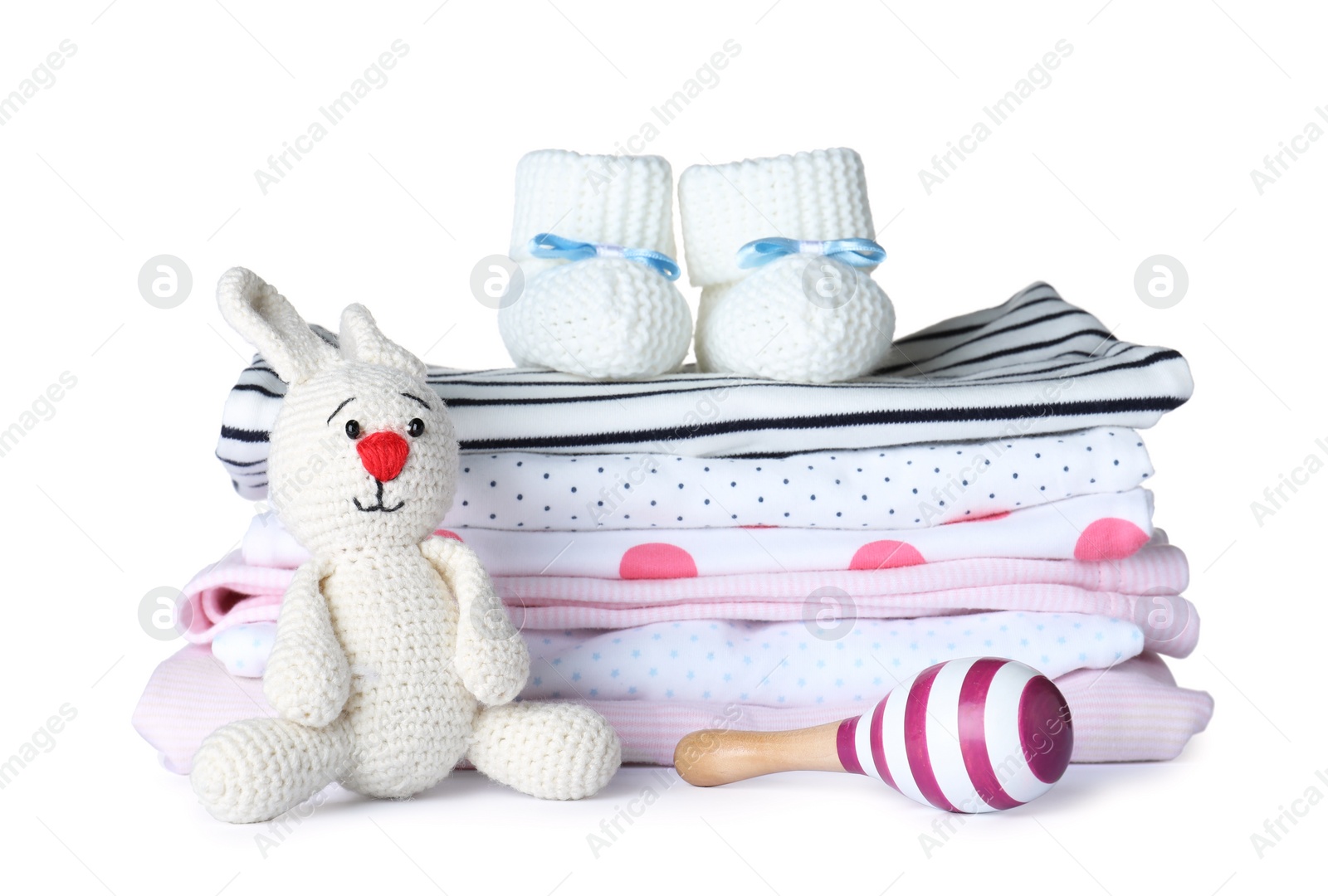 Photo of Set of different baby accessories and toys on white background