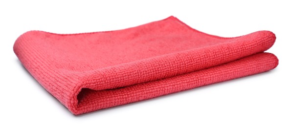 Photo of Clean red microfiber cloth isolated on white