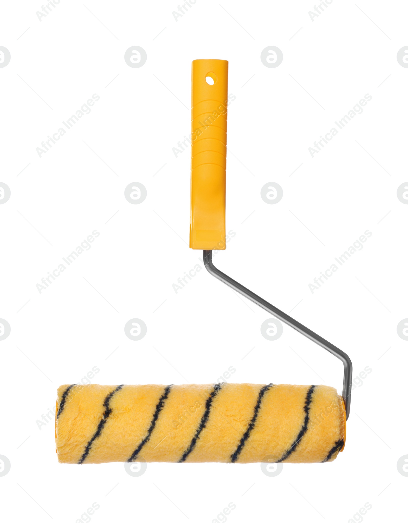 Photo of New clean paint roller on white background