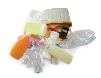 Photo of Pile of plastic garbage on white background, top view