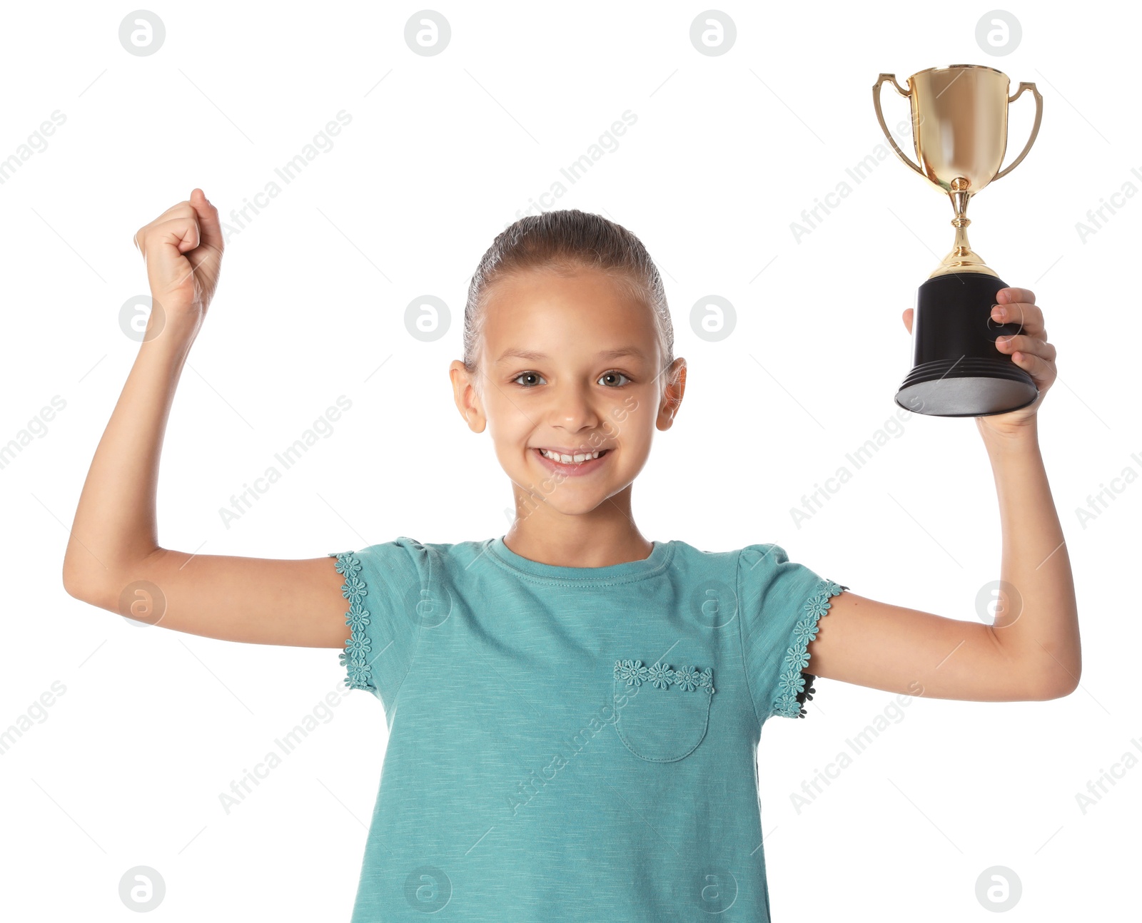 Photo of Happy girl with golden winning cup on white background