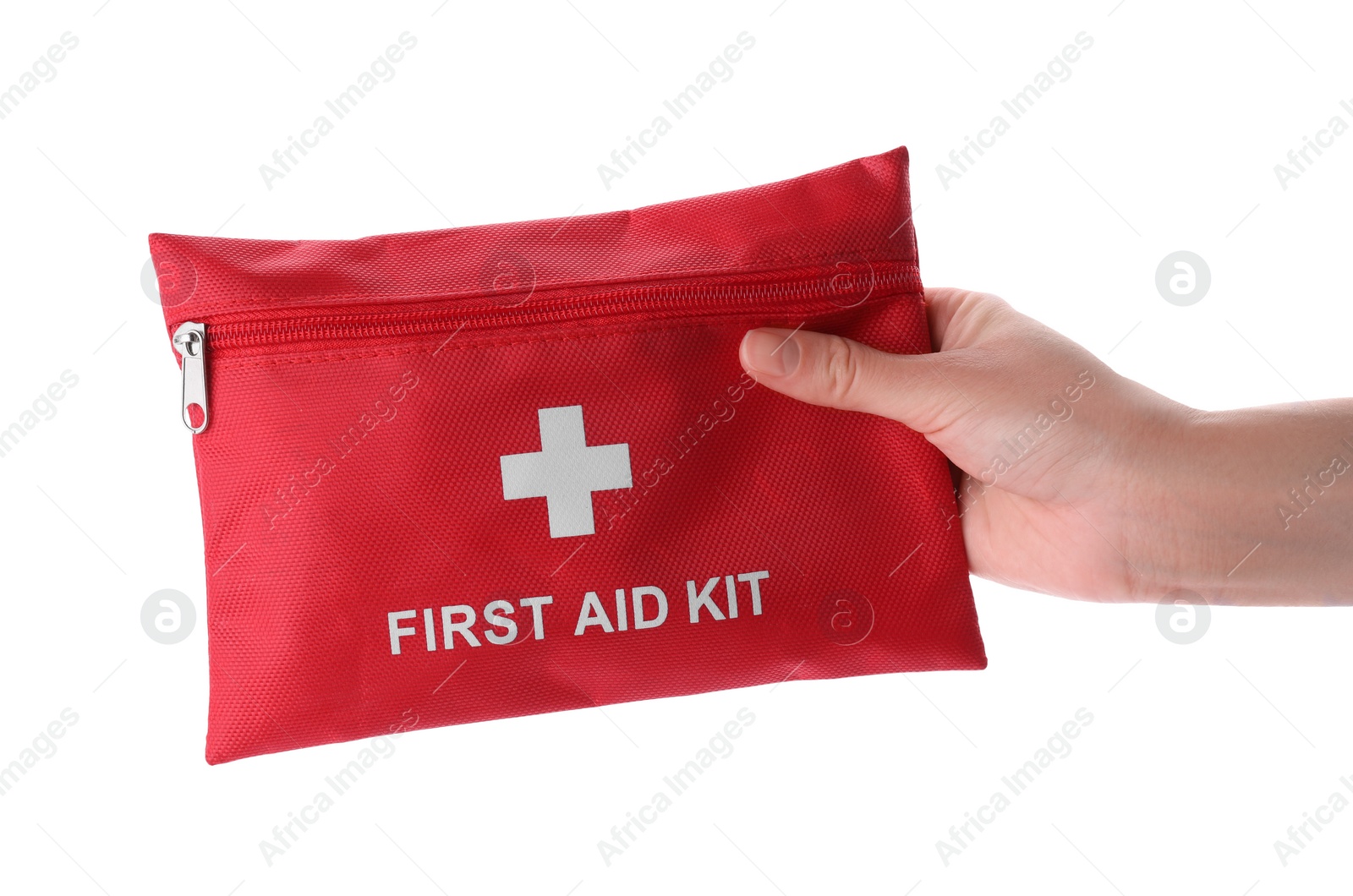 Photo of Woman holding first aid kit on white background, closeup