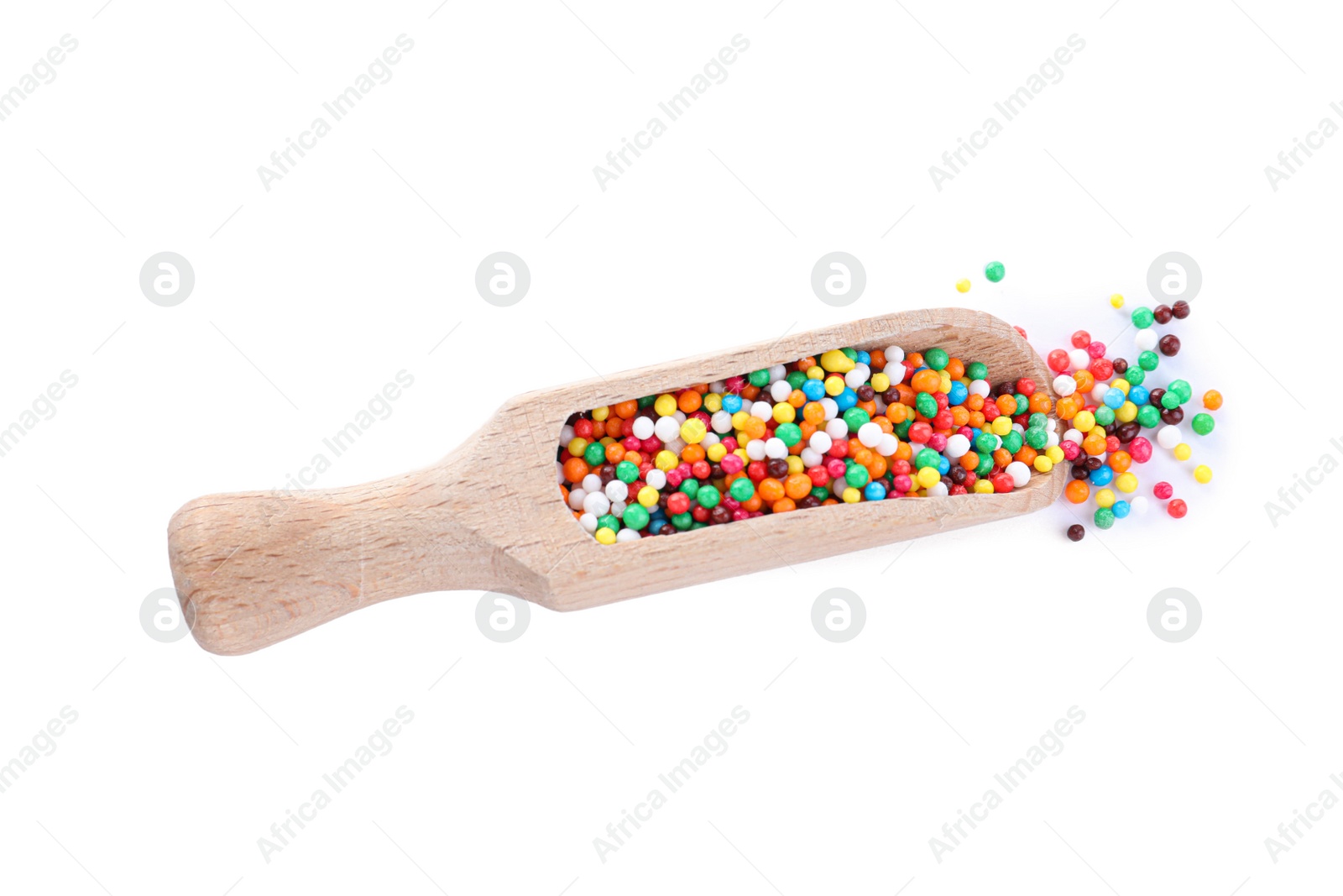 Photo of Colorful sprinkles in scoop on white background. Confectionery decor
