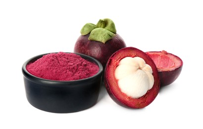Photo of Mangosteen powder and fruits on white background