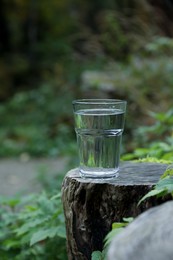 Photo of Glass of fresh water on stump in forest