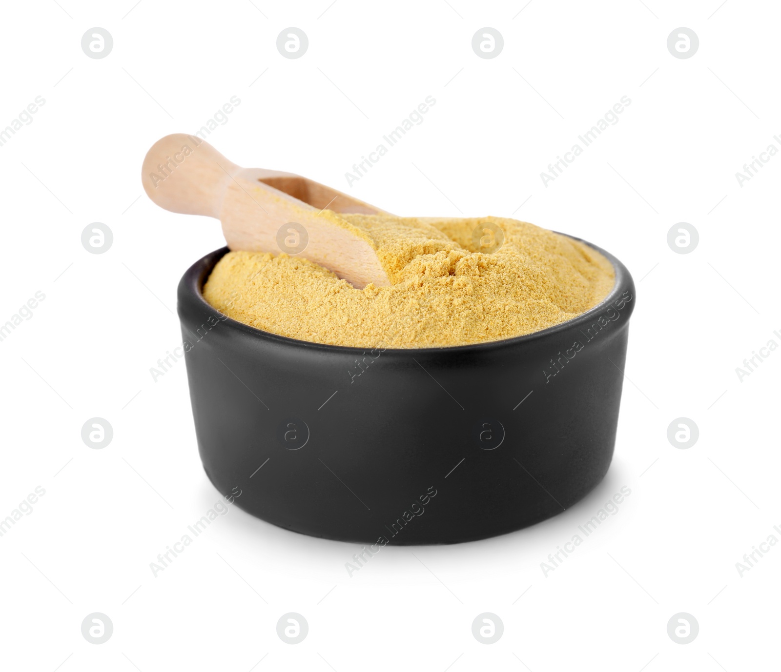 Photo of Brewer's yeast powder and scoop in bowl isolated on white