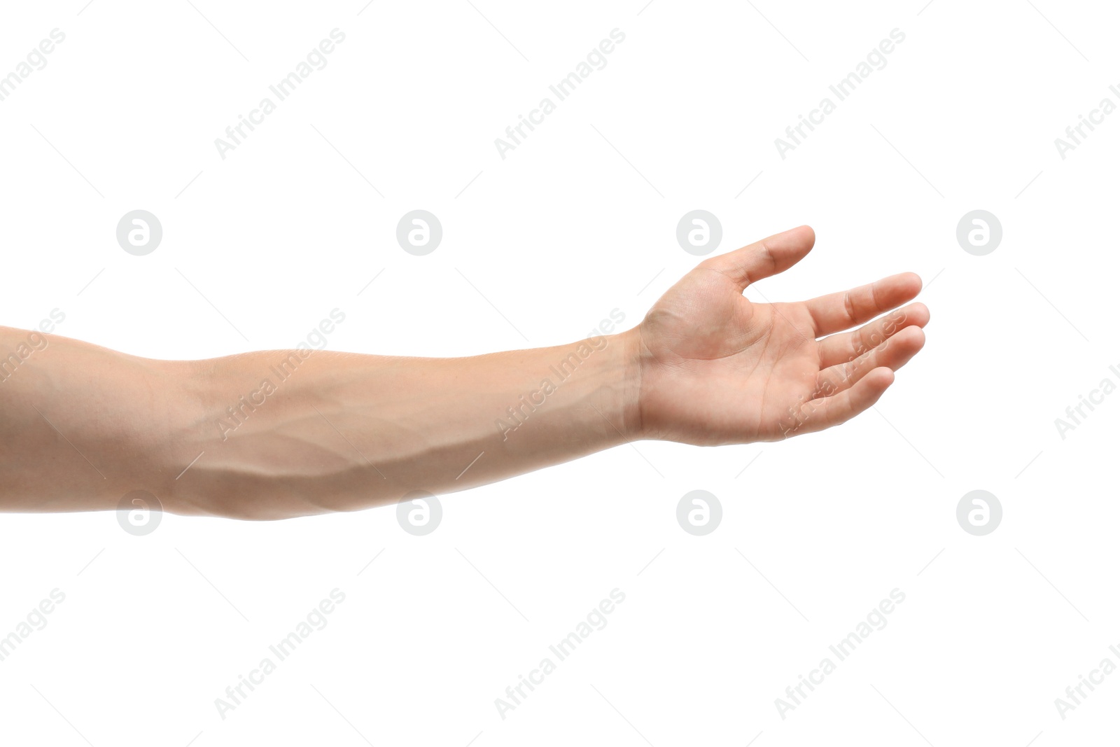 Photo of Young man held out hand on white background, closeup