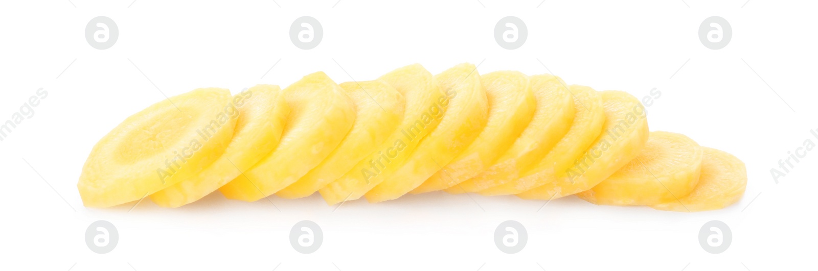 Photo of Slices of raw yellow carrot isolated on white