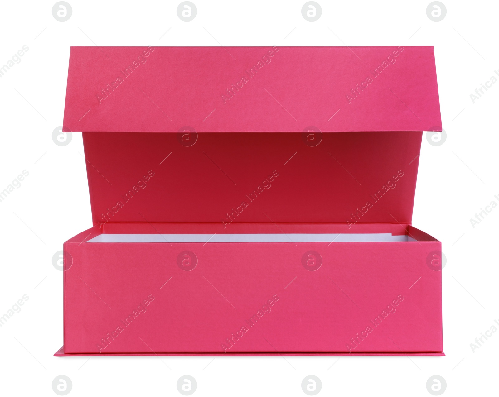 Photo of Open pink shoe box isolated on white