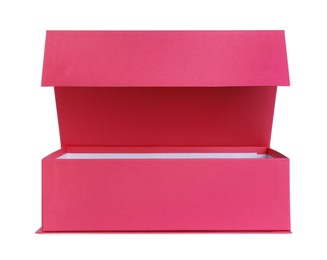 Photo of Open pink shoe box isolated on white